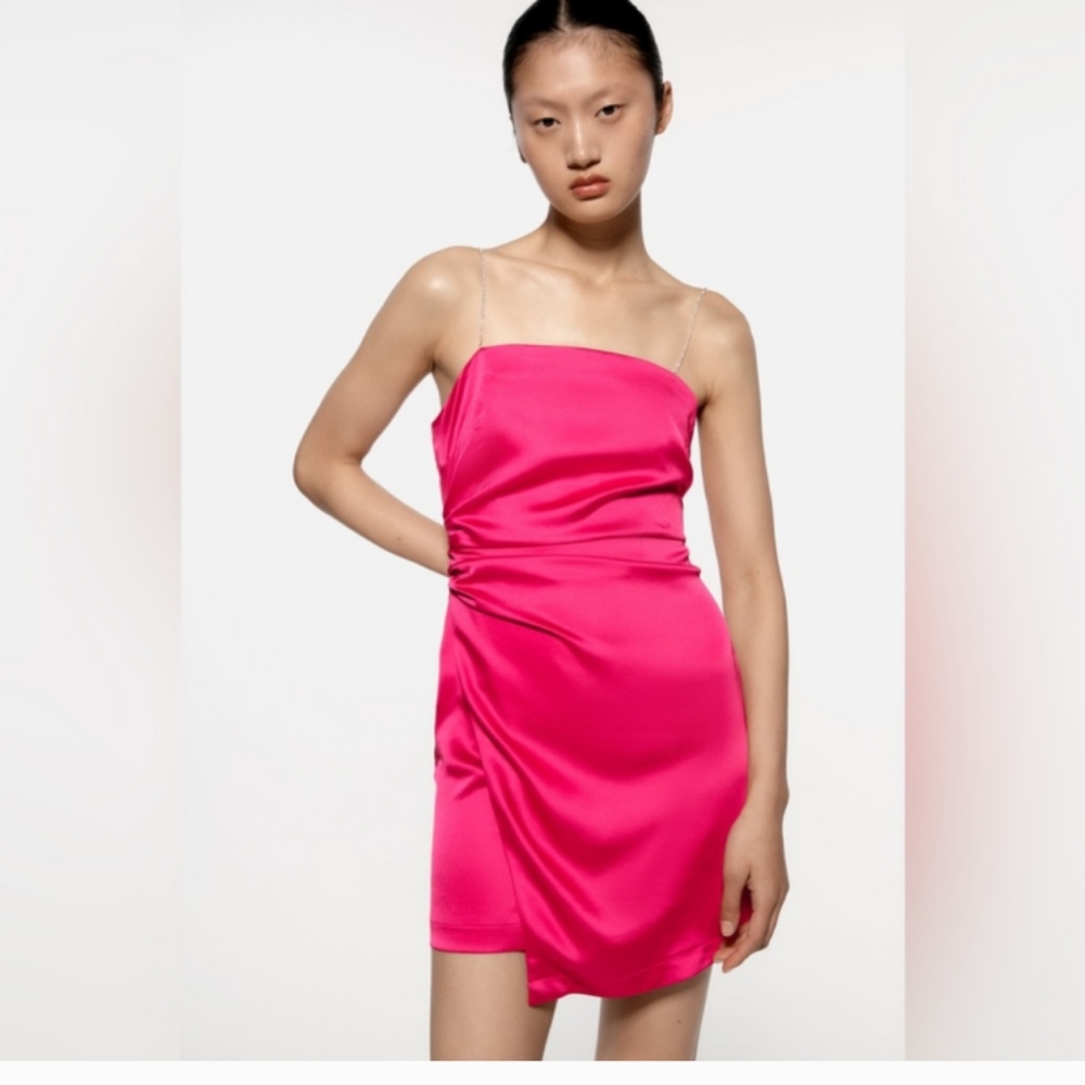 ZARA PINK DRESS WITH SPARKLING STRAPS AND RUCHING SIDE DETAILS
